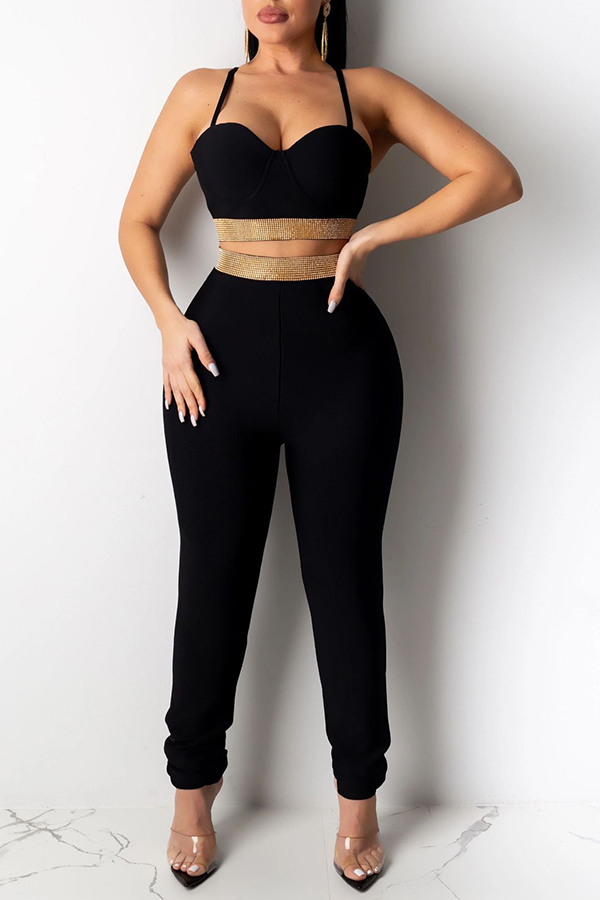 

Lovely Party Spaghetti Straps Black Two-piece Pants Set