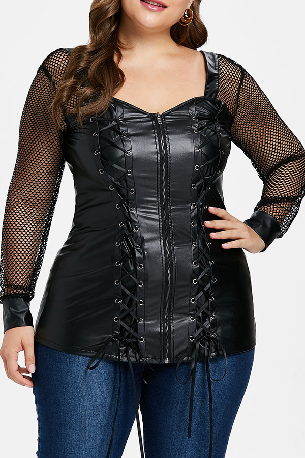 

Lovely Casual V Neck See-through Black Plus Size Blouse