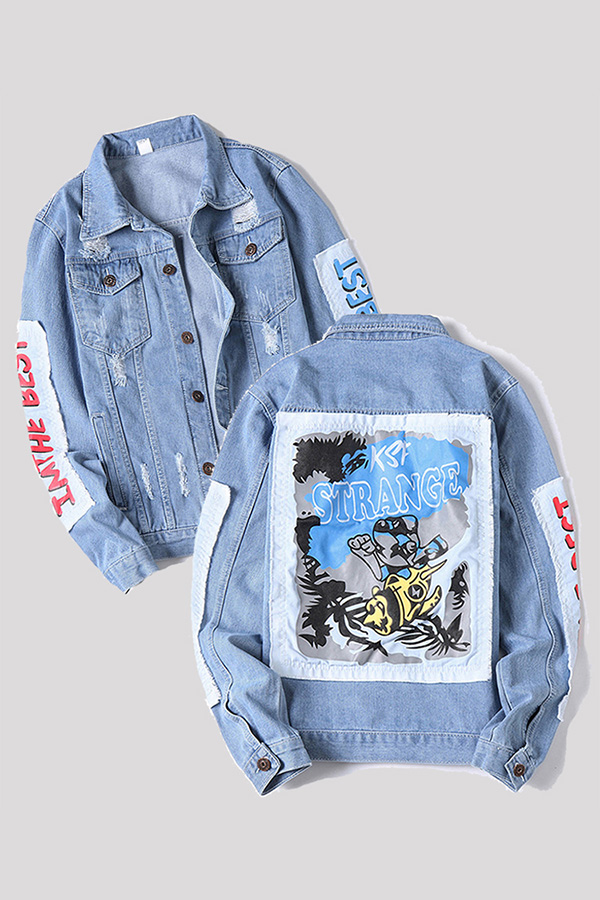 

Lovely Casual Patchwork Baby Blue Cowboy Wear