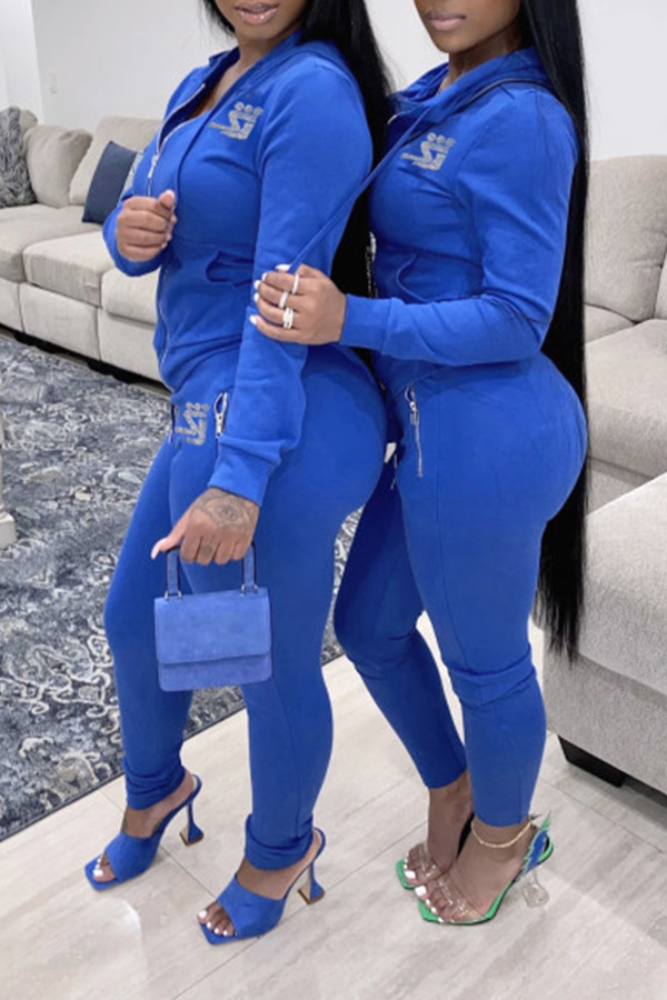 

Lovely Casual Hooded Collar Zipper Design Blue Two-piece Pants Set