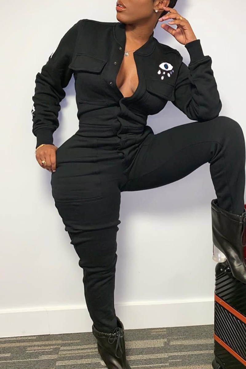 

Lovely Casual Eye Print Black One-piece Jumpsuit