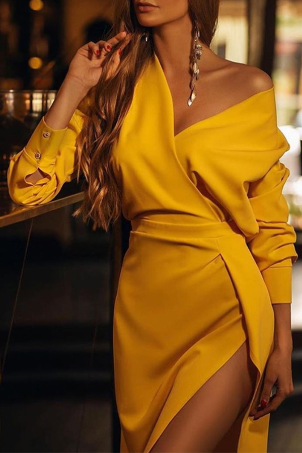 Lovely Trendy V Neck Yellow Knee Length Dress