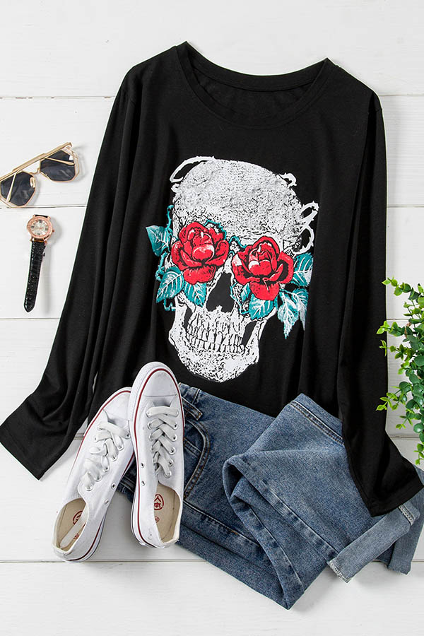 

Lovely Trendy Skull Print Black Plus Size T-shirt