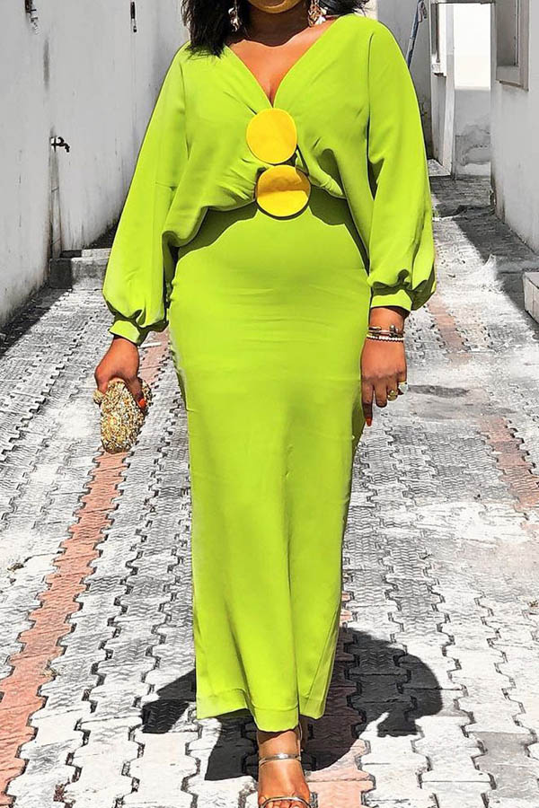 

Lovely Trendy V Neck Basic Green Ankle Length Plus Size Dress