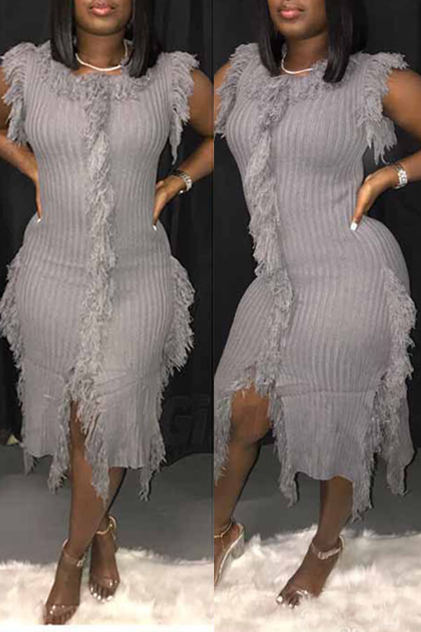 

Lovely Trendy Tassel Design Grey Mid Calf Dress