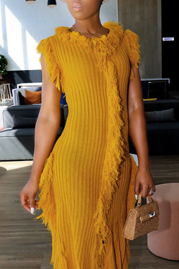 

Lovely Trendy Tassel Design Yellow Mid Calf Dress