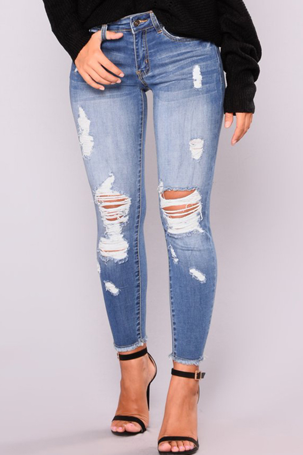 Lovely Casual Broken Holes Baby Blue Jeans