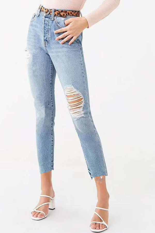 

Lovely Casual Broken Holes Baby Blue Jeans