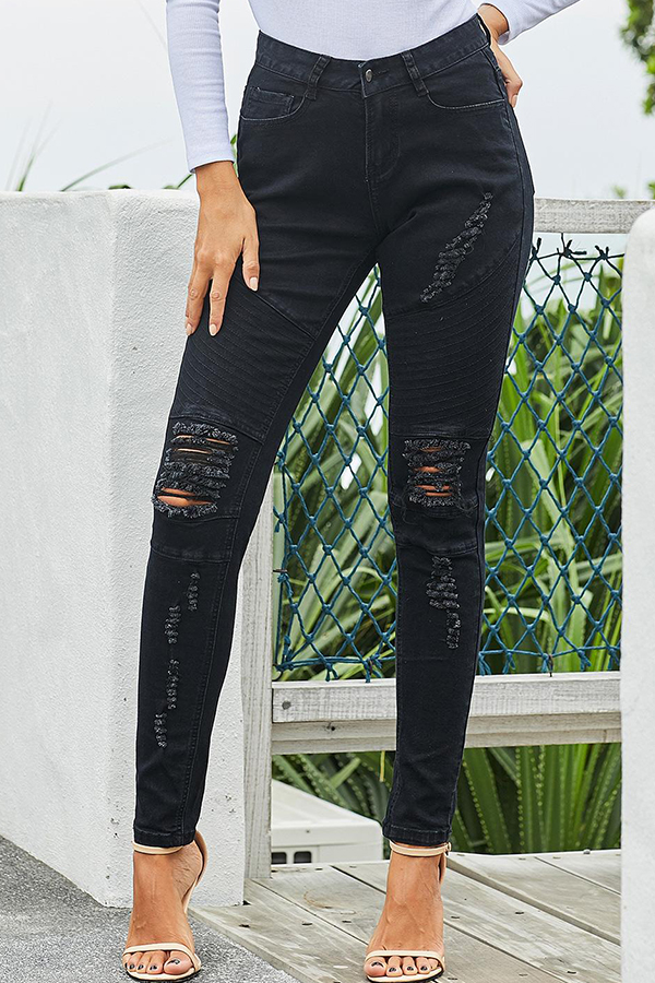 

Lovely Casual Broken Holes Black Jeans