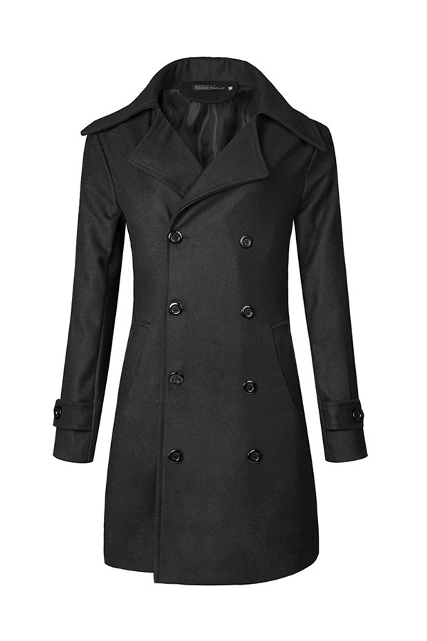 Lovely Casual Turndown Collar Buttons Design Black Trench Coat_Trench ...