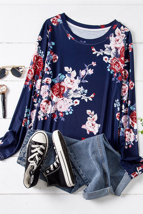 

Lovely Casual O Neck Print Dark Blue Plus Size T-shirt