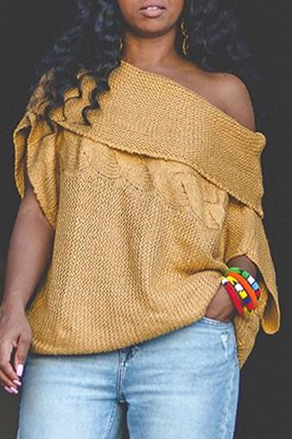 

Lovely Trendy Dew Shoulder Khaki Sweater