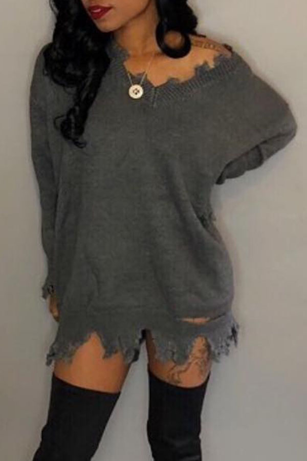 

Lovely Casual V Neck Asymmetrical Grey Mini Dress