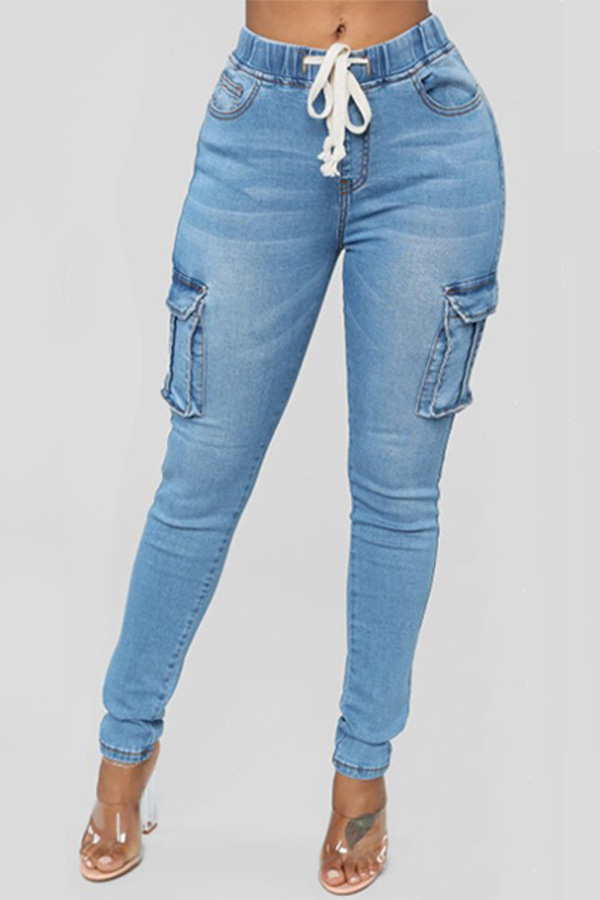 

Lovely Chic Drawstring Pocket Blue Jeans