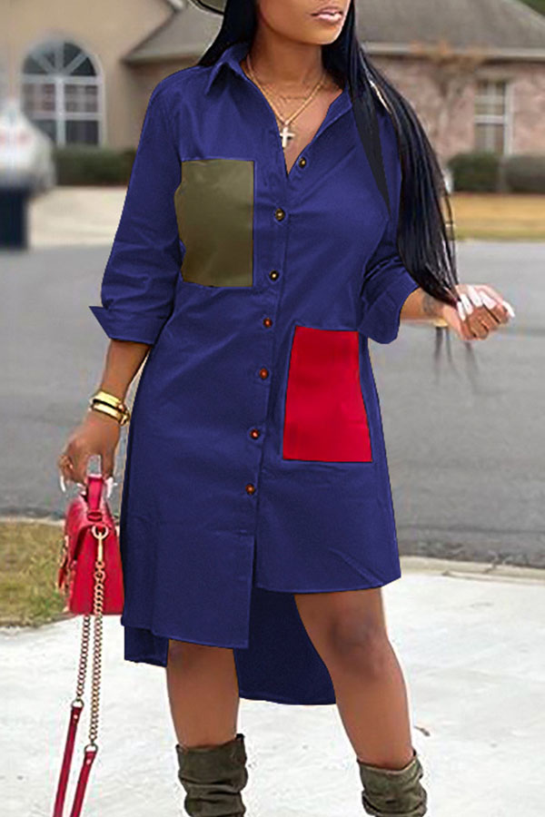 

Lovely Casual Color-lump Patchwork Blue Mid Calf Dress