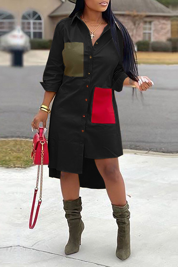

Lovely Casual Color-lump Patchwork Black Mid Calf Dress