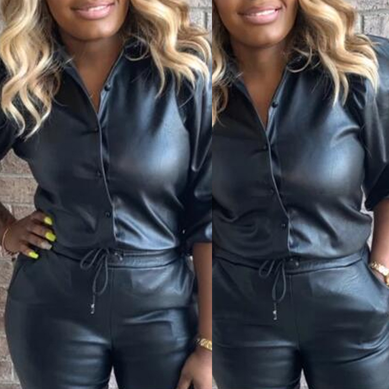 

Lovely Casual Turndown Collar Black PU Blouse