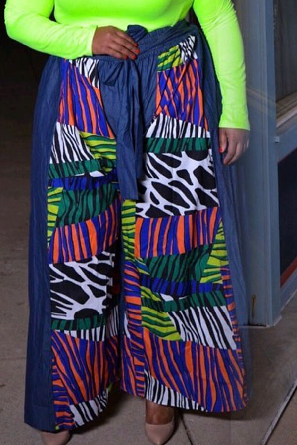 

Lovely Casual Patchwork Blue Plus Size Pants