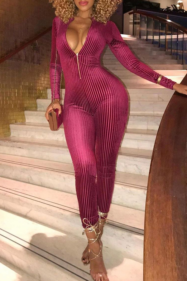 

Lovely Leisure Skinny Wine Red One-piece Jumpsuit