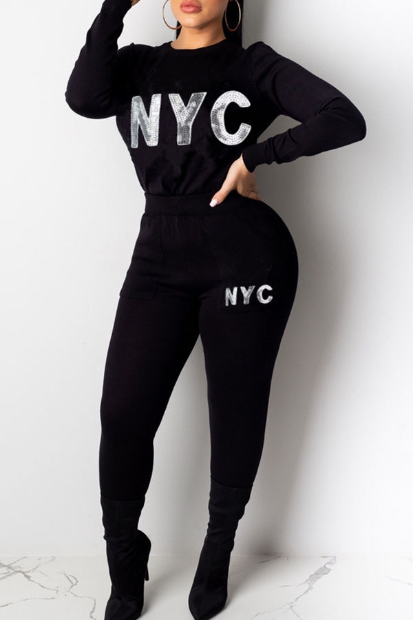 

Lovely Leisure O Neck Letter Black Two-piece Pants Set