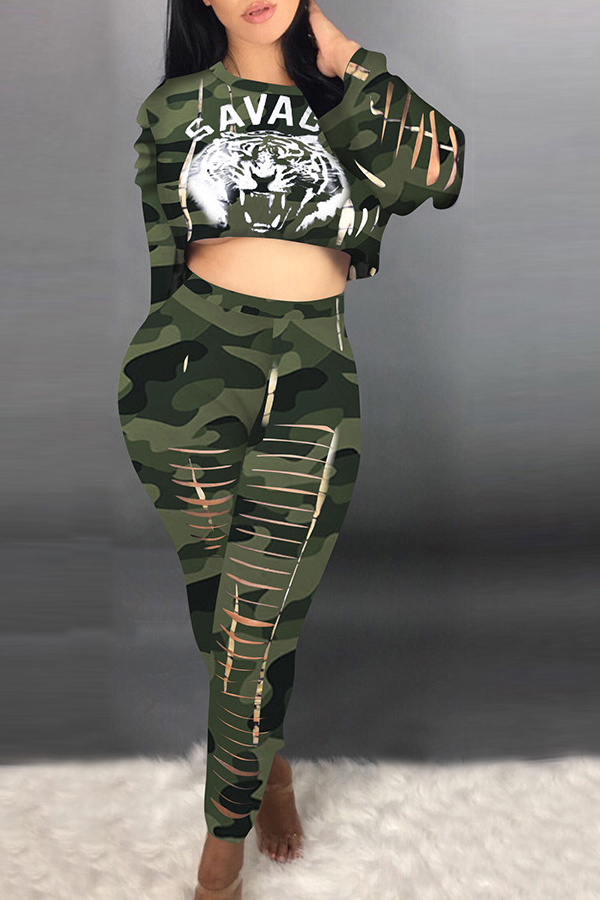 

Lovely Sexy Crop Top Print Green Two-piece Pants Set