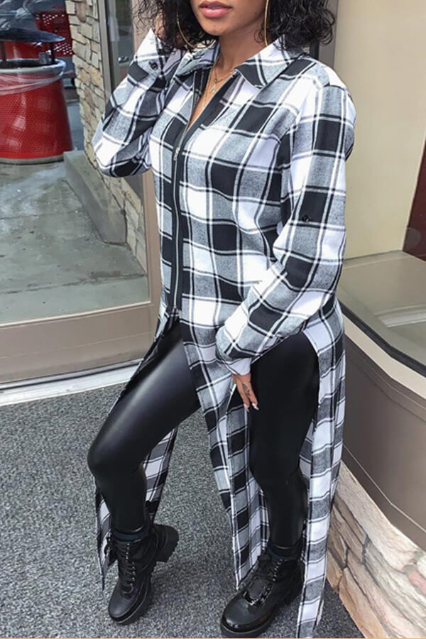 

Lovely Casual Plaid Print Black And White Blouse, Black & white tartan