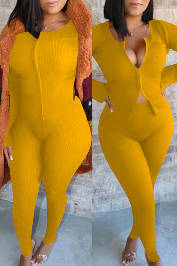 

Lovely Trendy O Neck Skinny Yellow Two-piece Pants Set