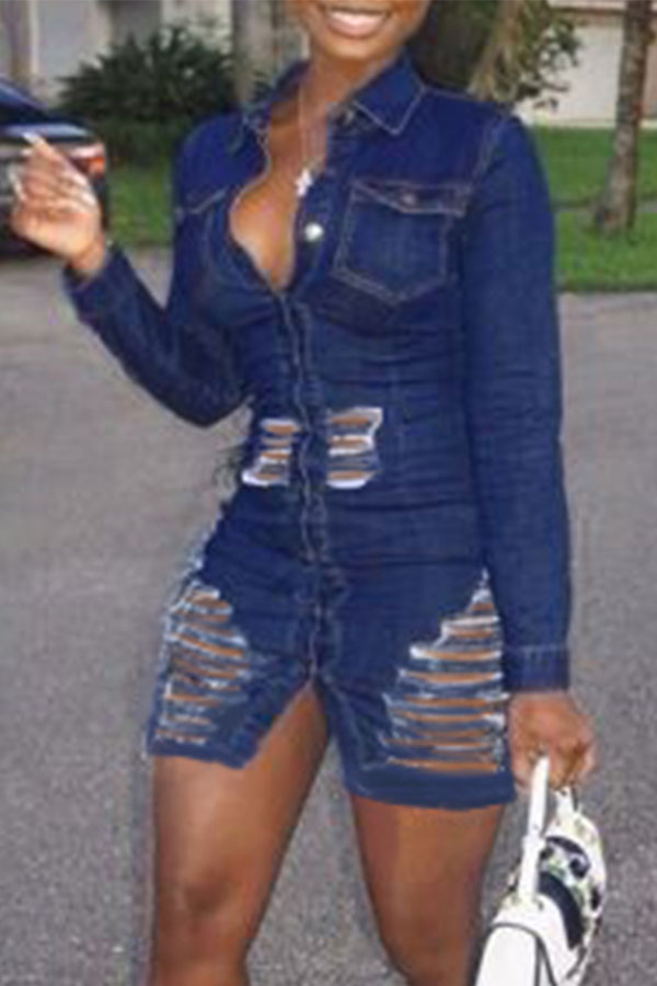 

Lovely Trendy Hollow-out Deep Blue Mini Dress