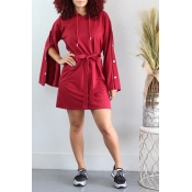 Lovely Leisure Hooded Collar Buttons Design Red Mi