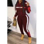 Lovely Trendy Hooded Collar Patchwork Wine Red Two