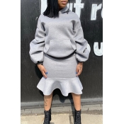 Lovely Casual Hooded Collar Flounce Grey Two-piece
