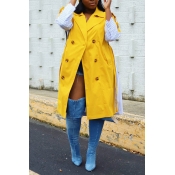 Lovely Casual Patchwork Buttons Yellow Trench Coat