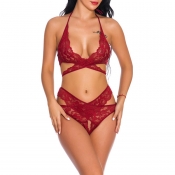 Lovely Sexy Lace Hollow-out Wine Red Bra Sets