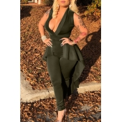 Lovely Trendy Deep V Neck Flounce Design Army Gree