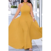 Lovely Casual Sleeveless Yellow Plus Size One-piec