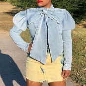 Lovely Casual Bow-Tie Baby Blue Shirt