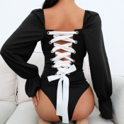 Lovely Casual Bandage Design Black Bodysuit