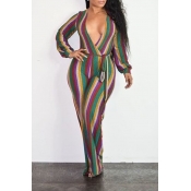 Lovely Chic Deep V Neck Striped Multicolor One-pie