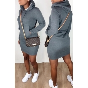 Lovely Casual Hooded Collar Grey Mini Dress