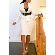 Lovely Work V Neck Flounce Design White Two-piece 