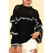 Lovely Euramerican Flounce Design Black Sweaters