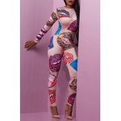 Lovely Sexy Lip Printed Multicolor One-piece Jumps