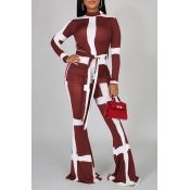 Lovely Casual Patchwork Wine Red Two-piece Pants S