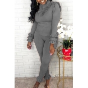 Lovely Sweet Turtleneck Flounce Design Grey Two-pi