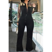 Lovely Trendy See-through Patchwork Black One-piec