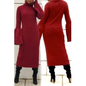Lovely Leisure Turtleneck Wine Red Mid Calf Dress