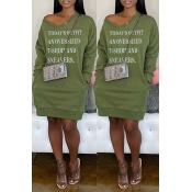 Lovely Casual Letter Printed Army Green Mini Dress