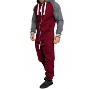 Lovely Casual Hooded Collar Patchwork Red Two-piec