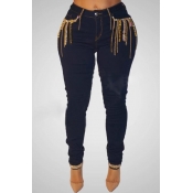 Lovely Casual Sequined Decorative Deep Blue Jeans