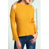 Lovely Casual Dew Shoulder Yellow Knitting Sweater